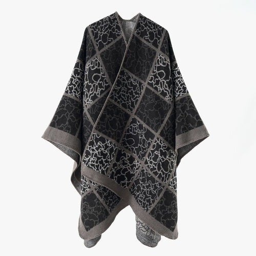 Damen Cape‑Überwurf aus Wollmix mit grafischem Karo‑Jacquard und offener Kimono‑Silhouette Drune