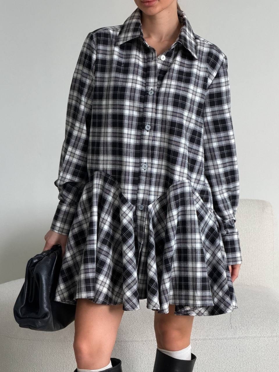 Damen Kariertes Hemdblusen-Minikleid mit ausgestellter Volant-Taille Drune
