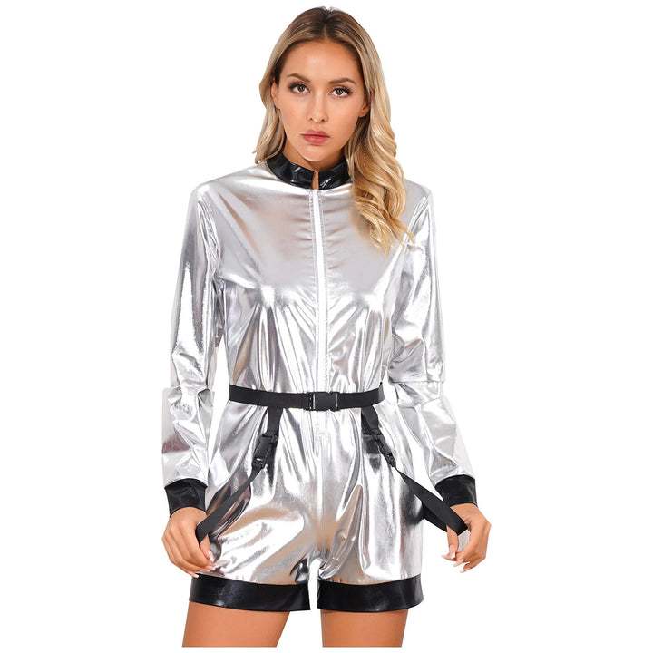 Damen Futuristischer Glanz-Jumpsuit mit Reißverschluss und abnehmbarem Gürtel Drune