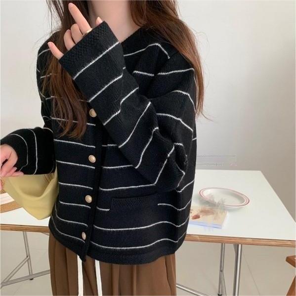 Damen gemütlicher Cardigan mit feinen Streifen und praktischen Taschen Drune