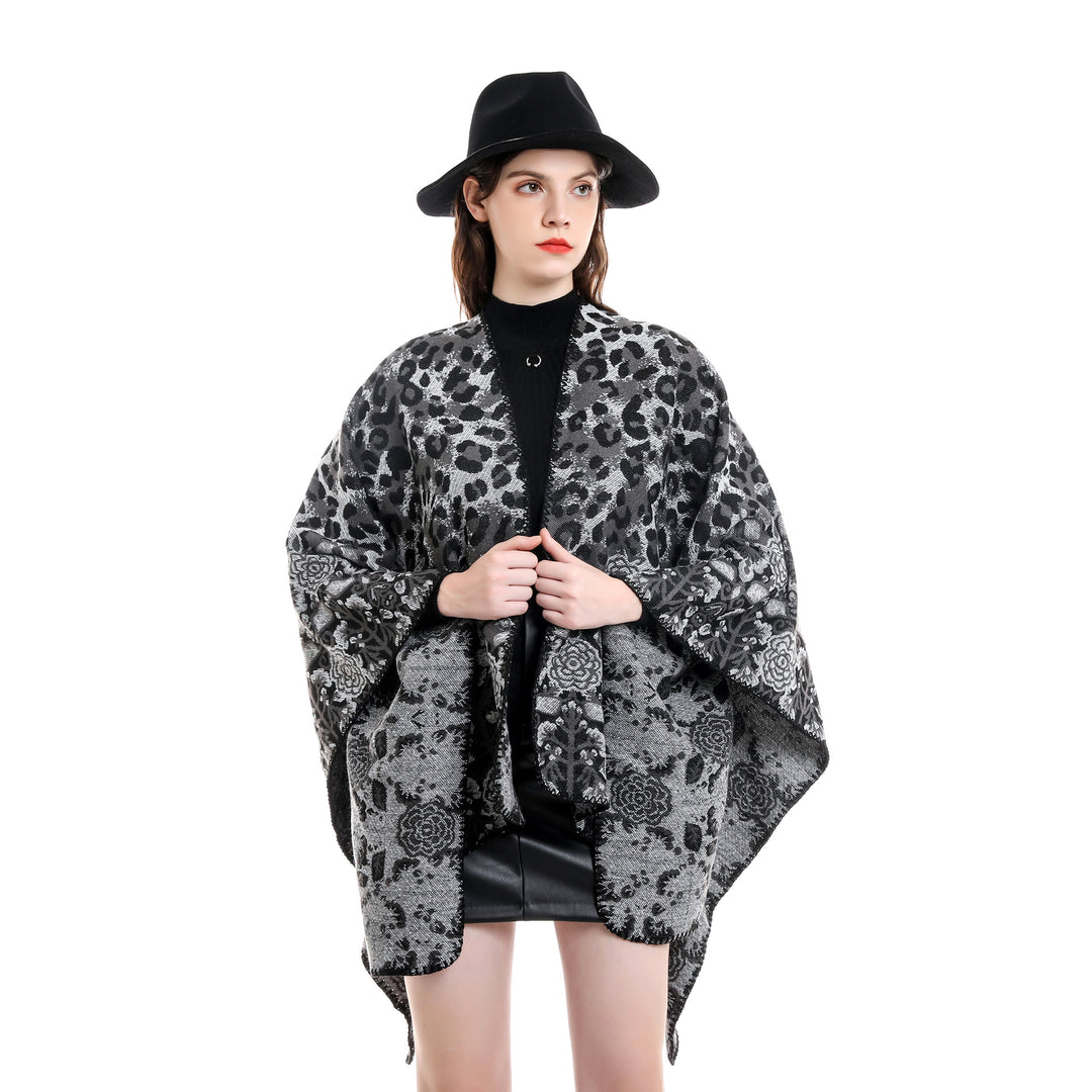 Damen Jacquard-Überwurfponcho im kastigen Kimono-Fall mit floral-animalischem Muster Drune