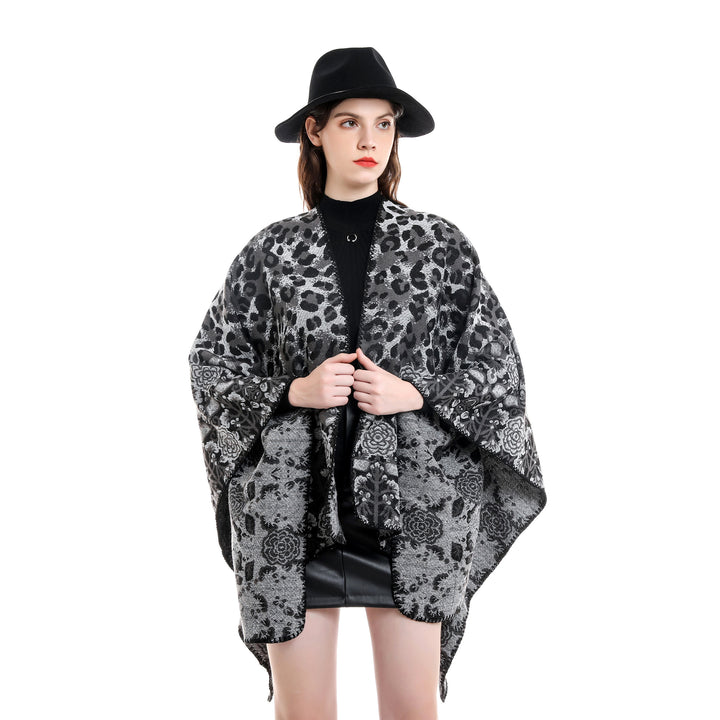 Damen Jacquard-Überwurfponcho im kastigen Kimono-Fall mit floral-animalischem Muster Drune