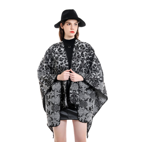 Damen Jacquard-Überwurfponcho im kastigen Kimono-Fall mit floral-animalischem Muster Drune