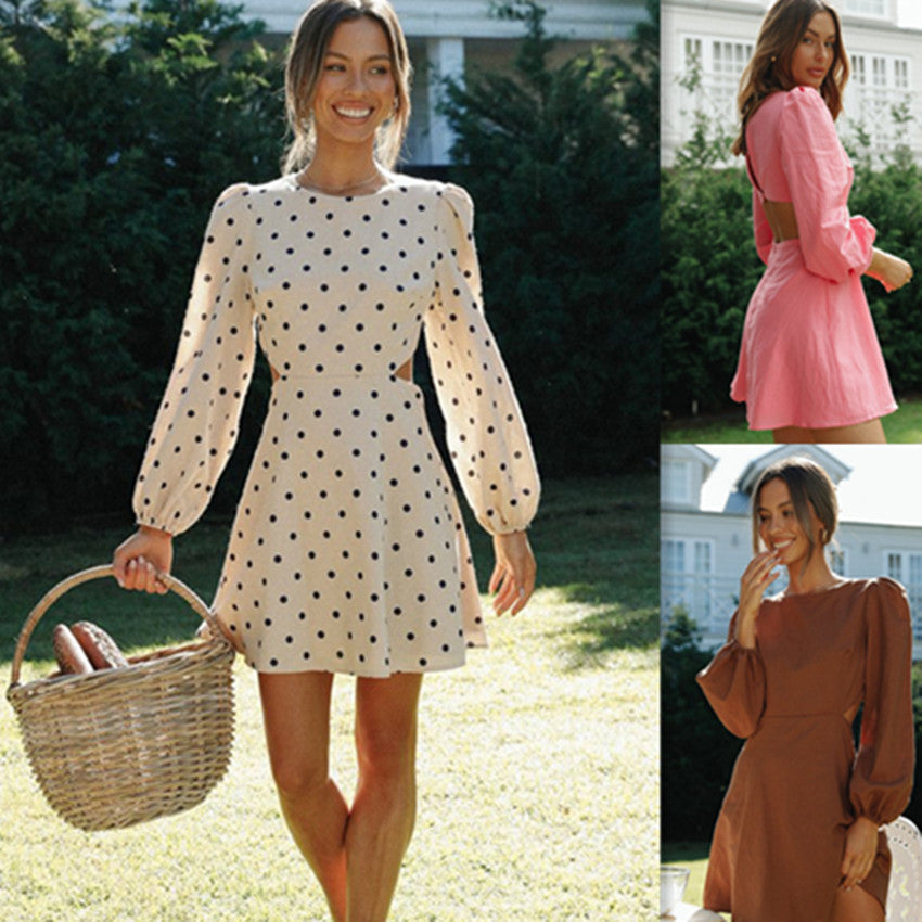 Damen Polka-Dots Minikleid mit voluminösen Ärmeln und tailliertem Schnitt Drune