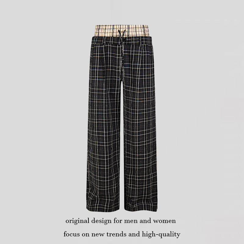 Damen Weite Karierte Loungewear‑Hose mit hohem Komfortbund und Kordelzug Drune
