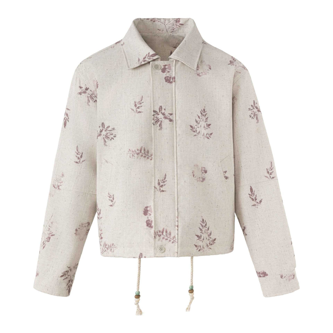 Damen Kurzer floraler Leinenblouson mit Kordelzug, verdeckter Knopfleiste und Hemdkragen Drune