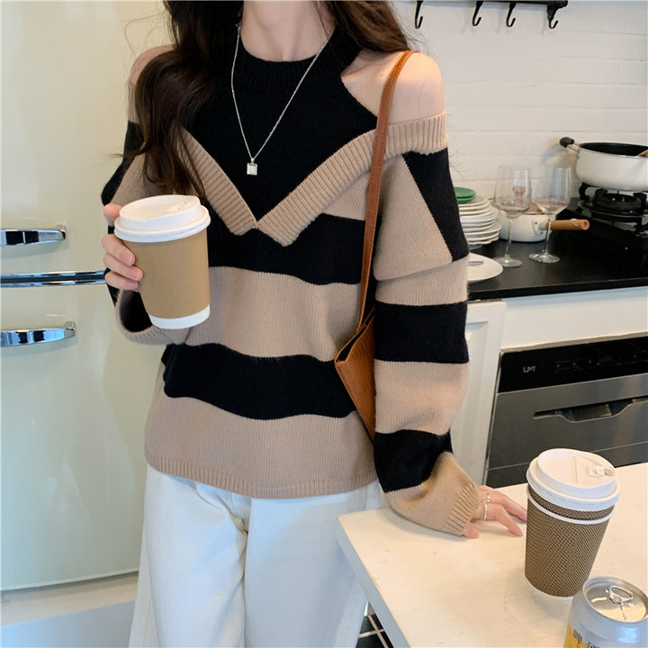 Damen Lässiger Pullover mit modernem Streifenmuster und Schulterfreischnitten Drune