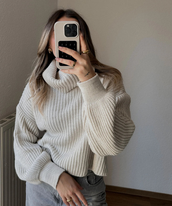 Damen Strickpullover mit hohem Kragen und voluminösen Ärmeln Drune