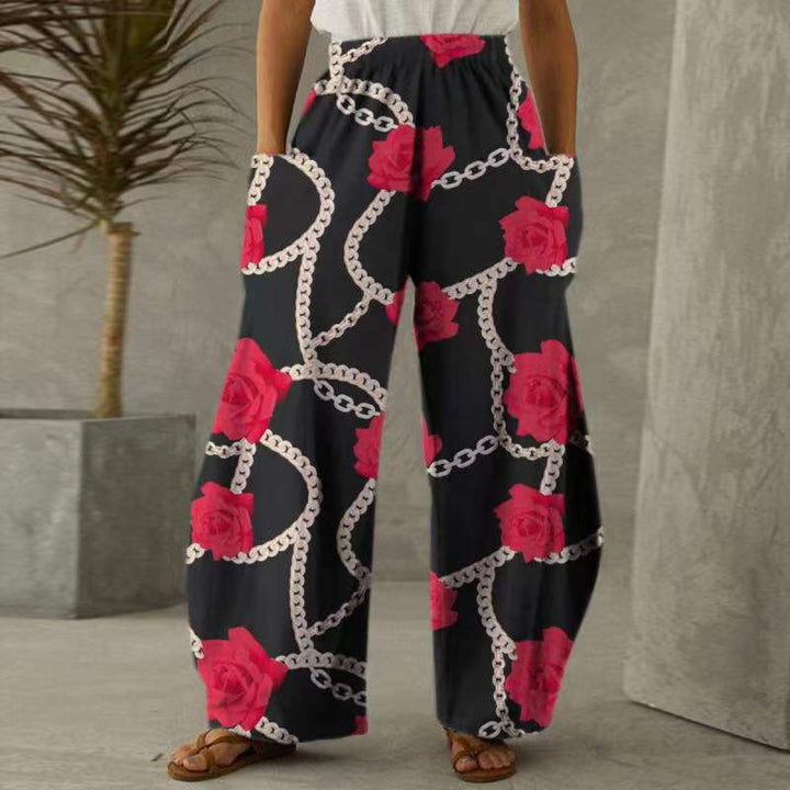 Damen Weite Blumen-Hosen mit Taschen und elastischem Bund Drune