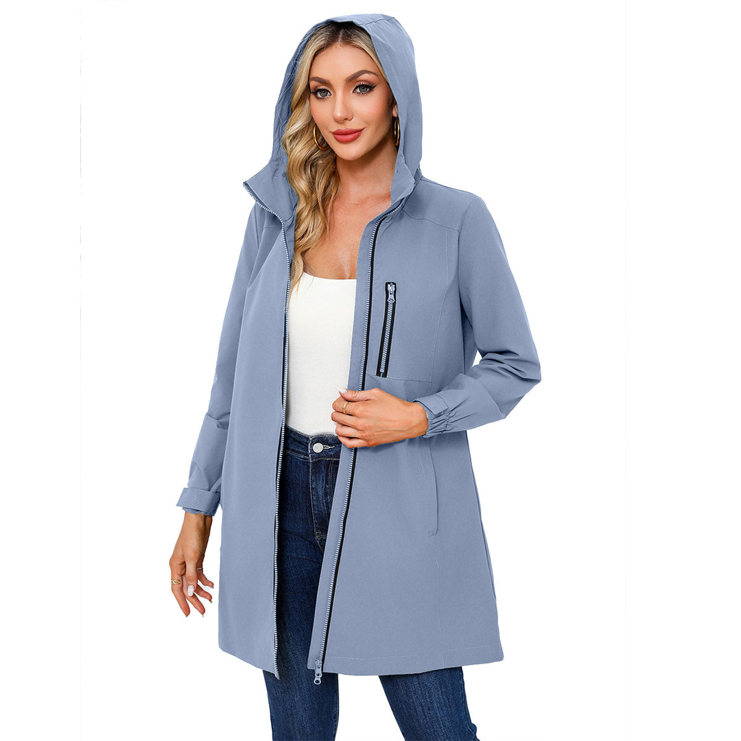 Damen nan lange schlanke Funktionsregenjacke mit durchgehendem Reißverschluss Brustreißverschlusstasche und Klettmanschetten Drune