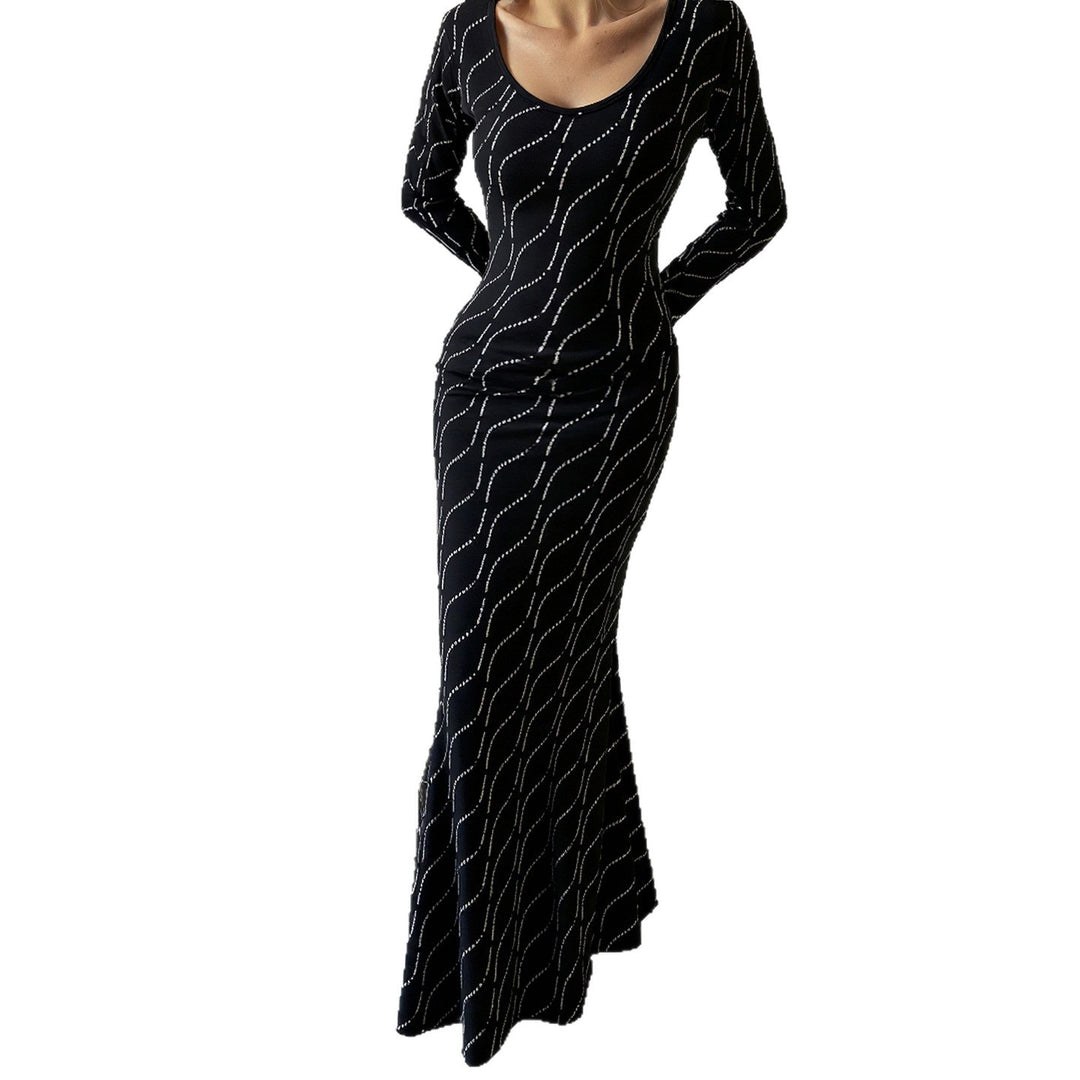 Damen nan langärmeliges Bodycon-Mermaid-Abendkleid mit Wellen-Strassbesatz Drune