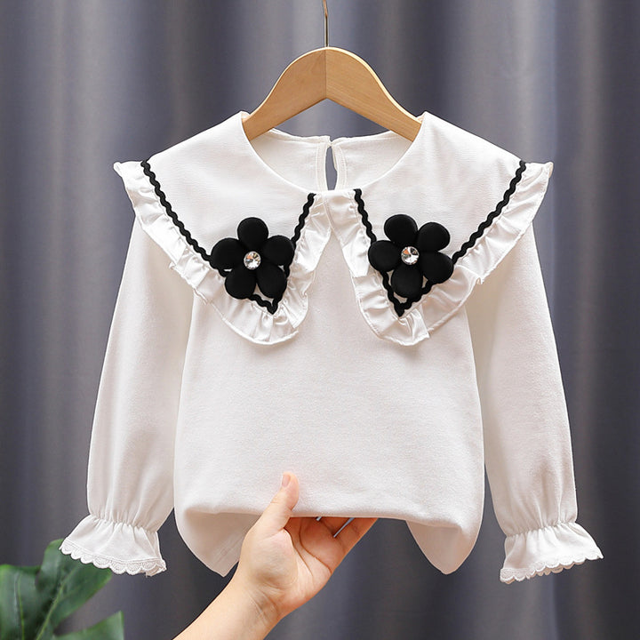 Damen Bluse mit großen Kragen und floralen Applikationen Drune