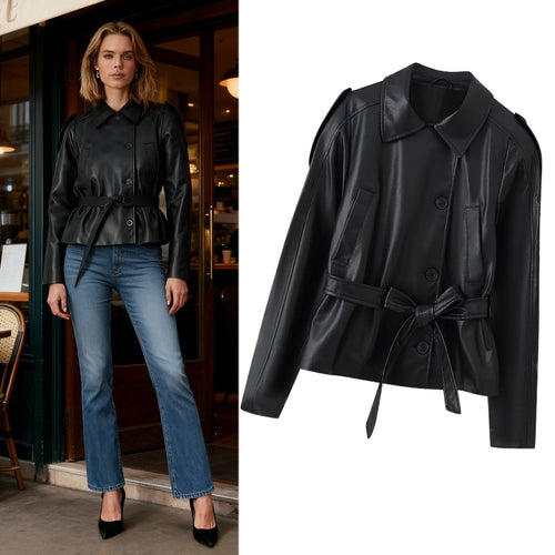 Damen Kurze Taillierte Kunstlederjacke mit Bindegürtel und Hemdkragen Drune