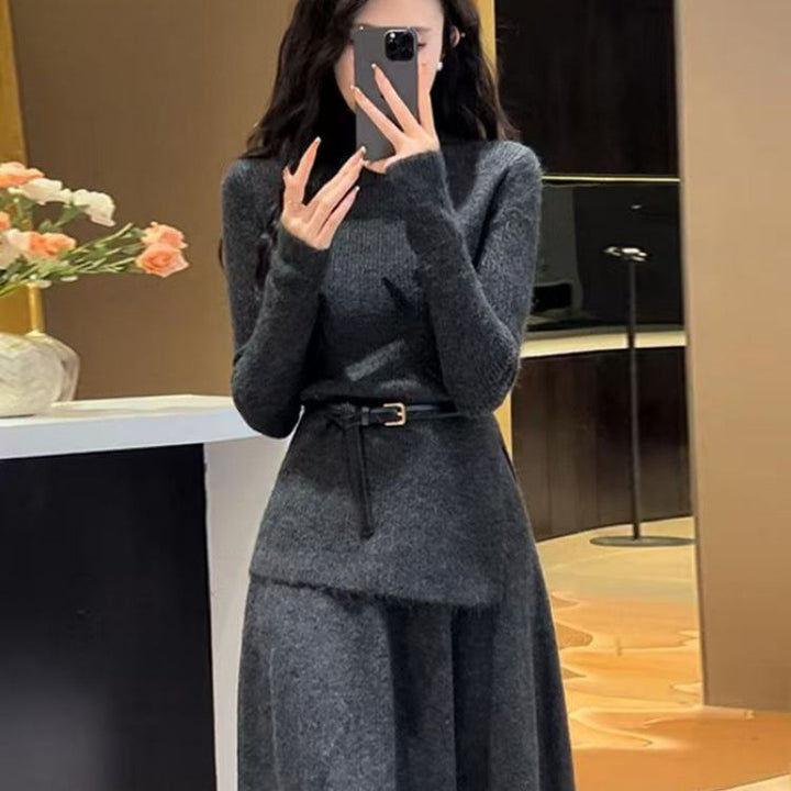 Damen Elegantes Strickkleid mit asymmetrischem Saum und Gürtel Drune