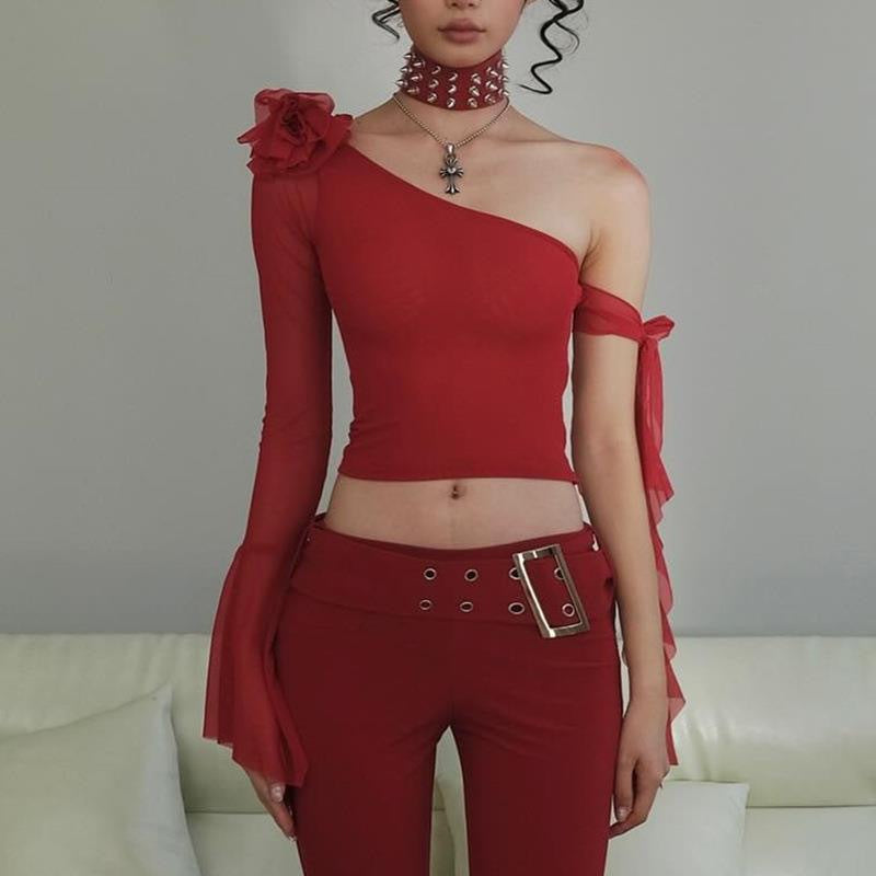 Damen Off-Shoulder Oberteil mit transparenten Ärmeln und dekorativen Akzenten Drune