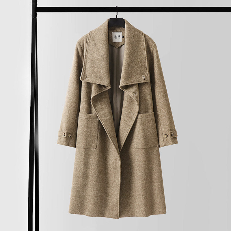 Damen Eleganter langer Wollmix-Cocoon-Mantel mit überlappendem Schalkragen und aufgesetzten Taschen Drune