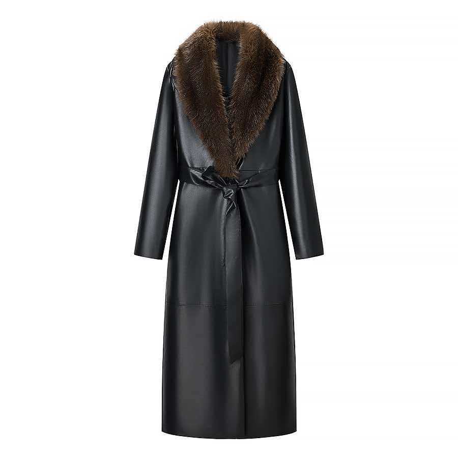 Damen eleganter Kunstleder-Mantel mit abnehmbarem Kunstfellkragen Drune