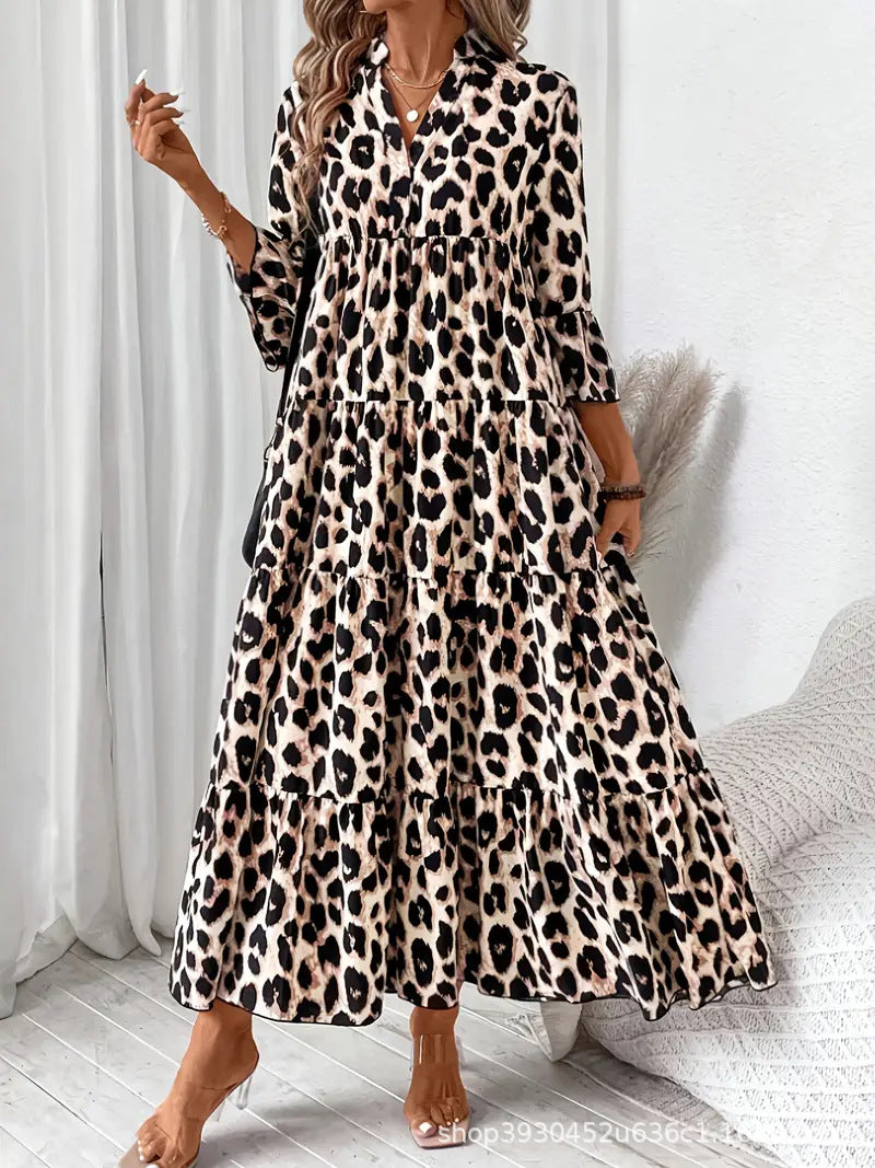 Damen Tiermuster Maxikleid mit voluminösen Puffärmeln Drune