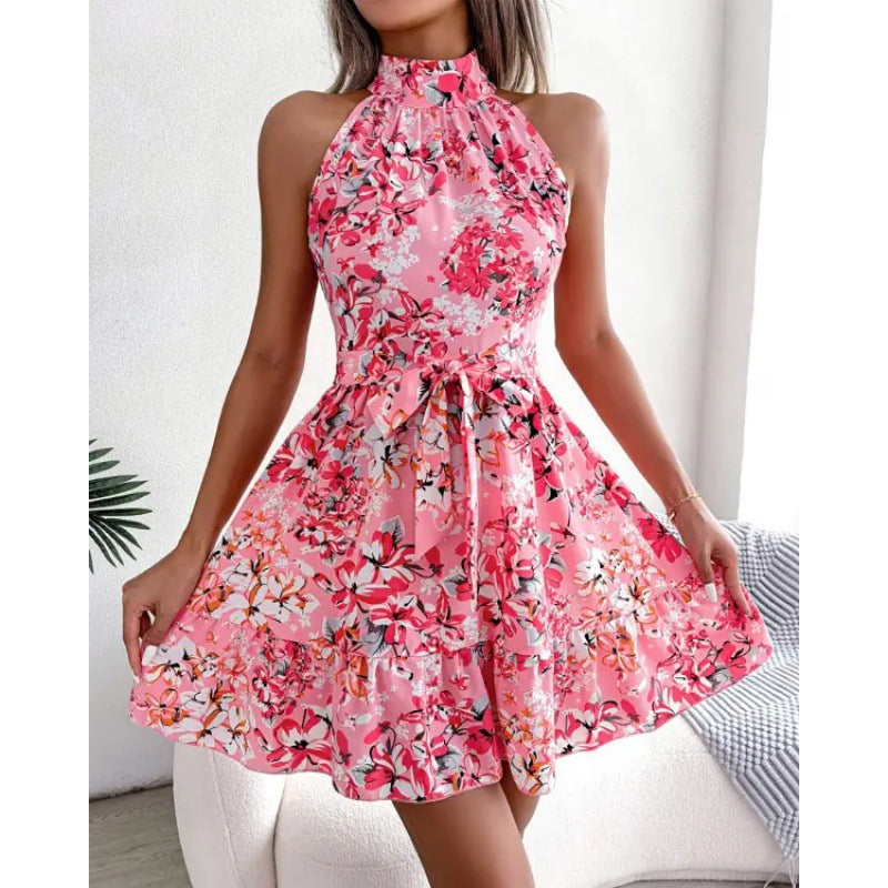 Damen Halterkleid mit floralen Mustern und voluminösem Rock Drune