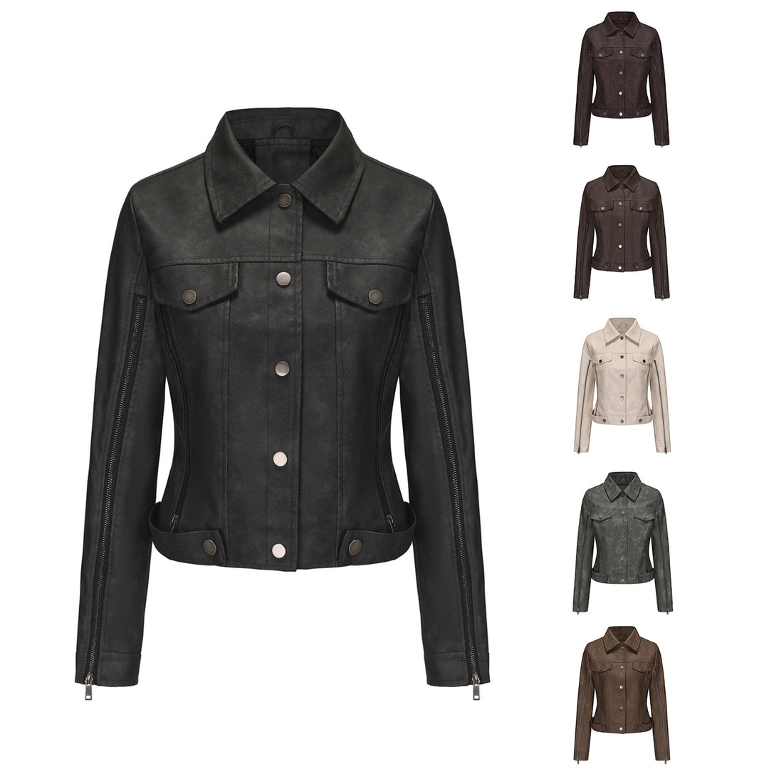Damen nan kurze Cropped-Truckerjacke aus Wildlederoptik mit seitlichen Reißverschlüssen und aufgesetzten Brusttaschen Drune