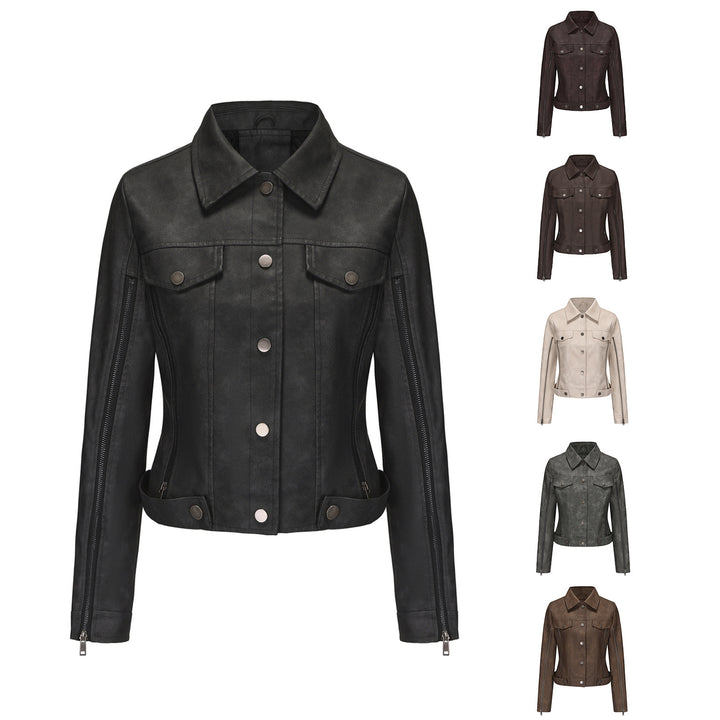 Damen nan kurze Cropped-Truckerjacke aus Wildlederoptik mit seitlichen Reißverschlüssen und aufgesetzten Brusttaschen Drune