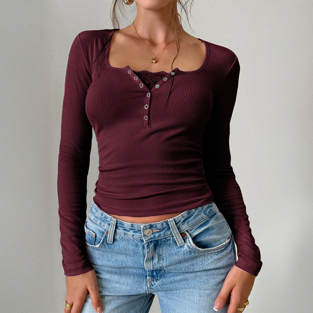 Damen Langarmshirt mit Knopfleiste und Rippstruktur Drune