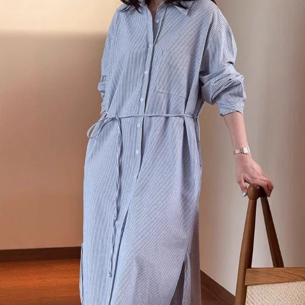 Damen Langes Hemdblusenkleid aus Popeline mit feiner Streifenstruktur, Kordel‑Taille und Seitenschlitzen Drune