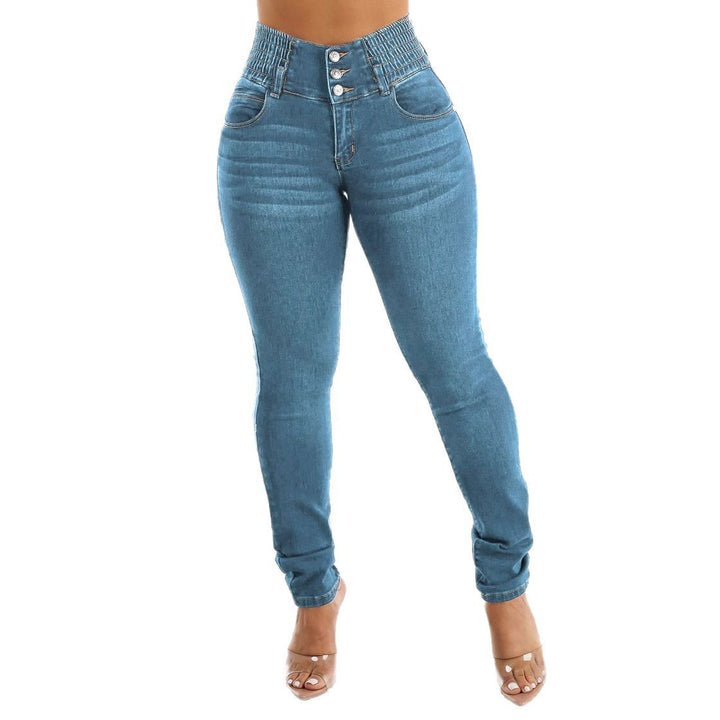 Damen Hochtaillierte Jeans mit elastischem Bund und Knopfdetails Drune