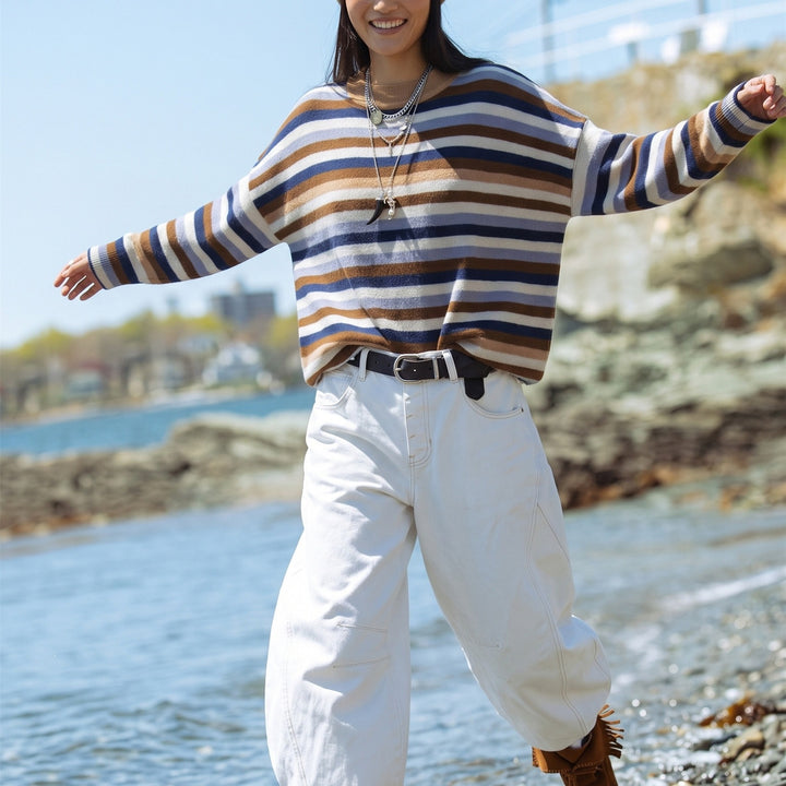 Damen Gestreifter Strickpullover mit Polokragen & Knopfleiste Drune