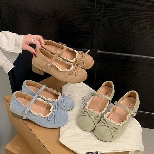 Damen elegante Mary Jane Ballerinas mit dekorativem Spitzenrand und Schleifenakzent Drune