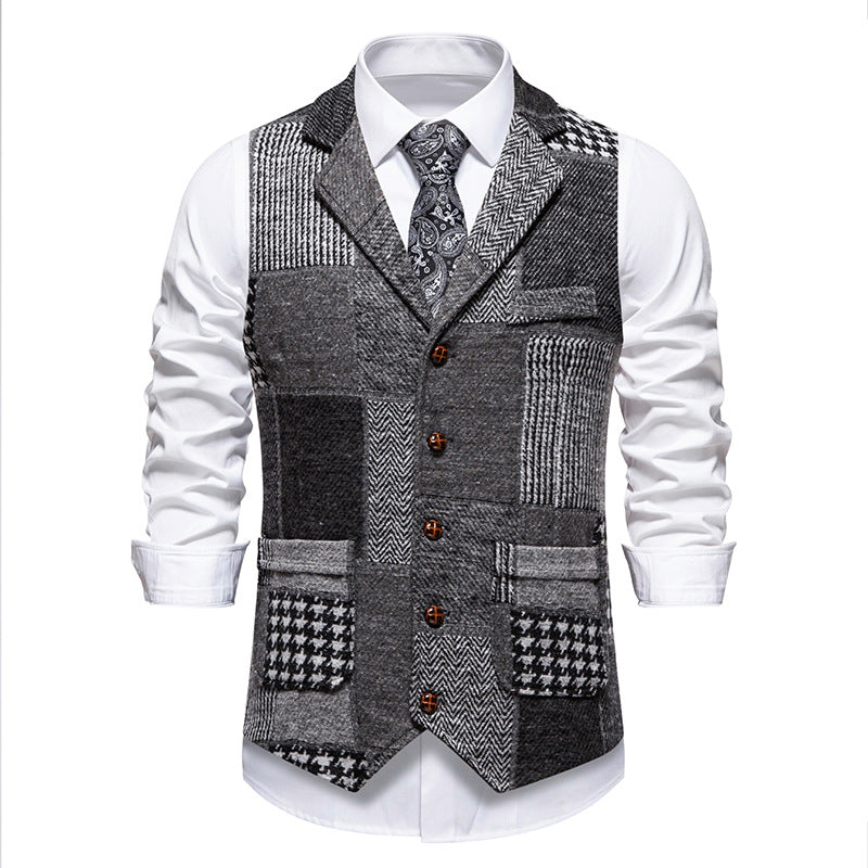 Herren Patchwork-Tweed-Weste mit Reverskragen und Pattentaschen Drune