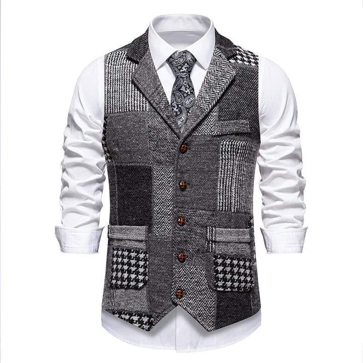 Herren Patchwork-Tweed-Weste mit Reverskragen und Pattentaschen Drune