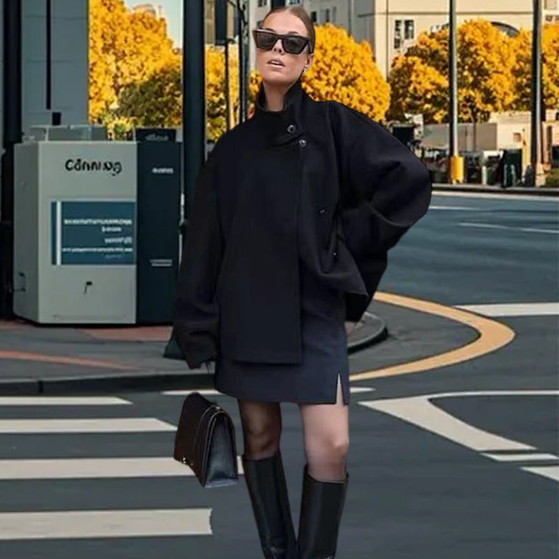 Damen Lässige Wolldecke-Jacke mit hohem Kragen und Knopfverschluss Drune