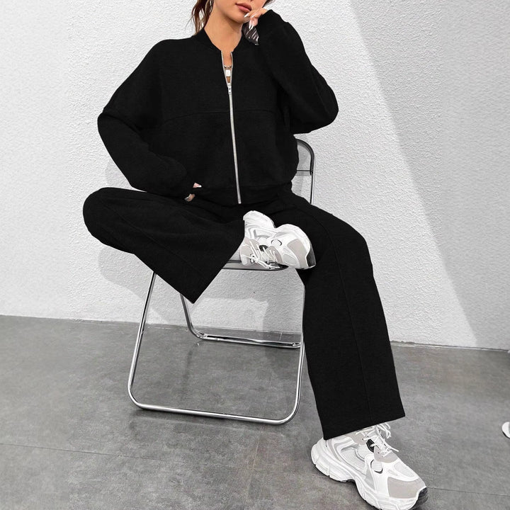 Damen Loungewear-Set mit kurzem Reißverschluss-Bomber und weiter High-Waist Jogginghose Drune