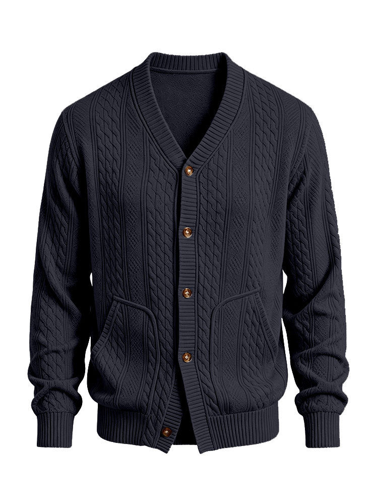 Herren Gestrickte Strickjacke mit Zopfmuster, V‑Ausschnitt und aufgesetzten Taschen Drune