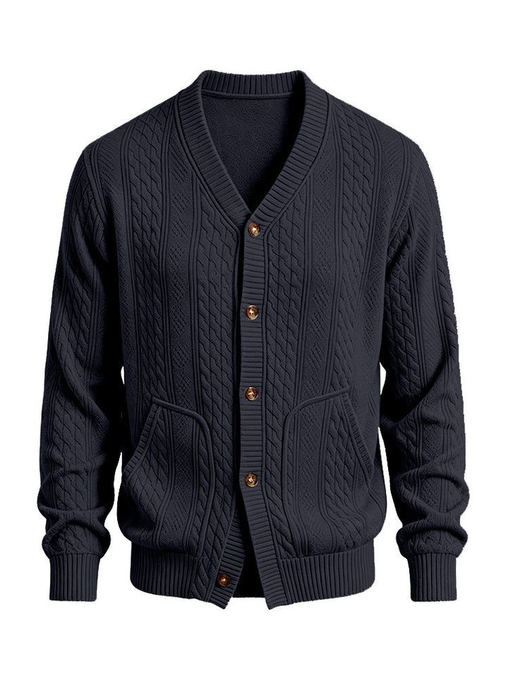 Herren Gestrickte Strickjacke mit Zopfmuster, V‑Ausschnitt und aufgesetzten Taschen Drune
