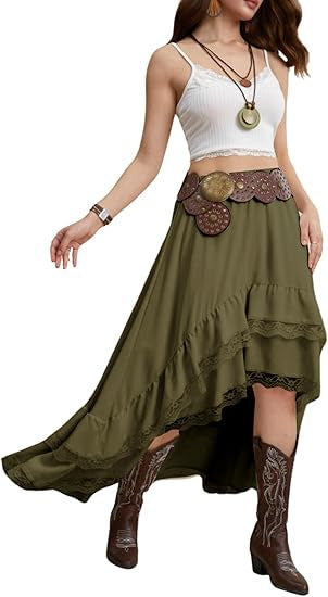 Damen Boho Maxi-Rock mit asymmetrischem Saum und Spitzenverzierungen Drune
