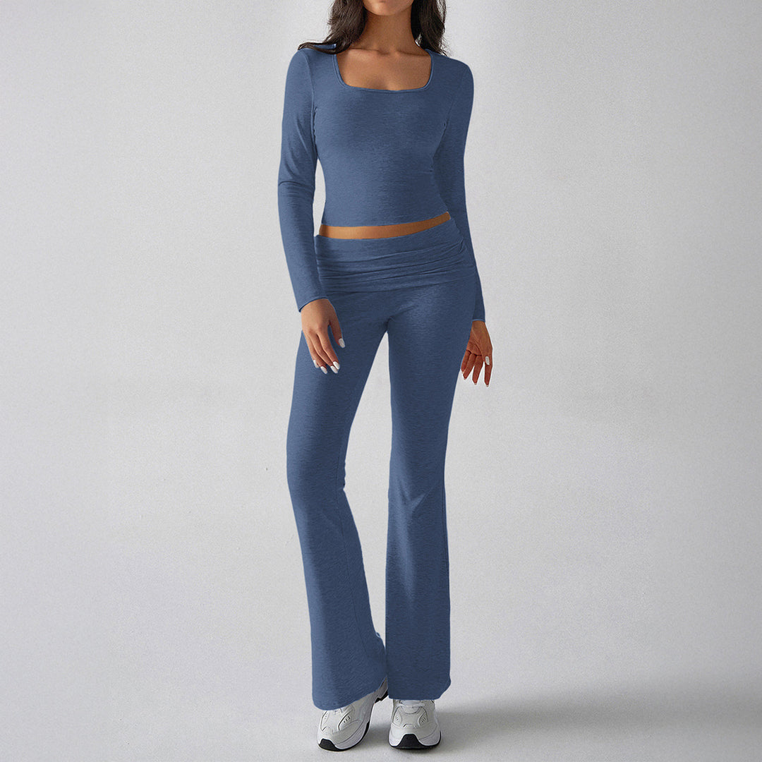 Damen nan figurbetontes Cropped-Set mit langärmeligem Top mit quadratischem Ausschnitt und ausgestellter High‑Waist Yoga-Hose Drune