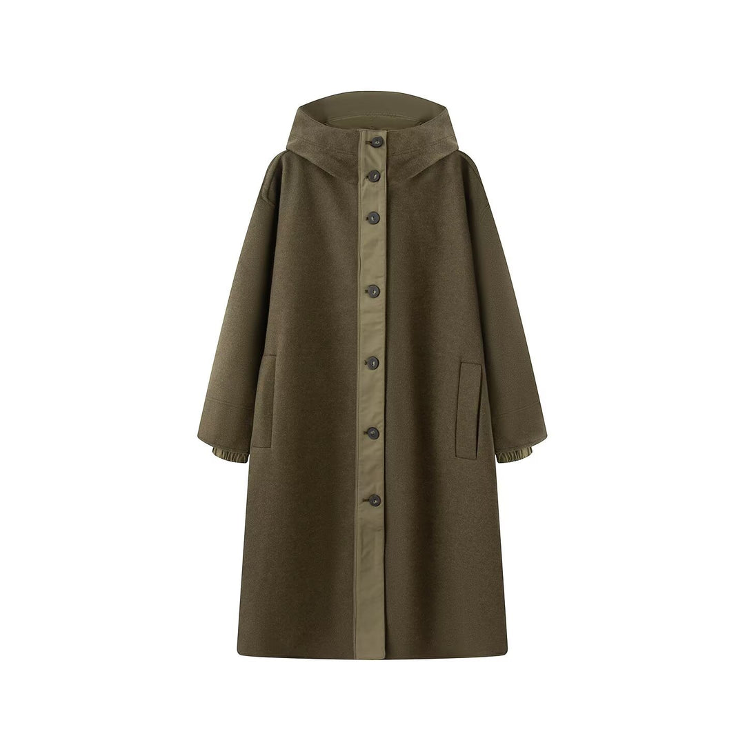 Damen Weicher Oversize Wollmix‑Mantel mit Kapuze und durchgehender Knopfleiste Drune
