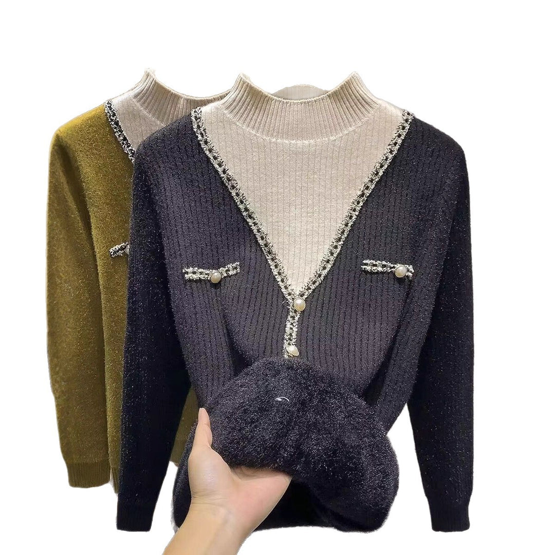 Damen modischer V-Pullover mit Schimmer-Details und Knöpfen Drune