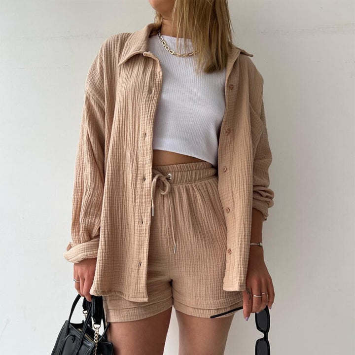 Damen Dreiteiliges Leinenoptik-Lounge-Set mit offenem Hemd, Crop-Top und hoher Taillen-Shorts Drune