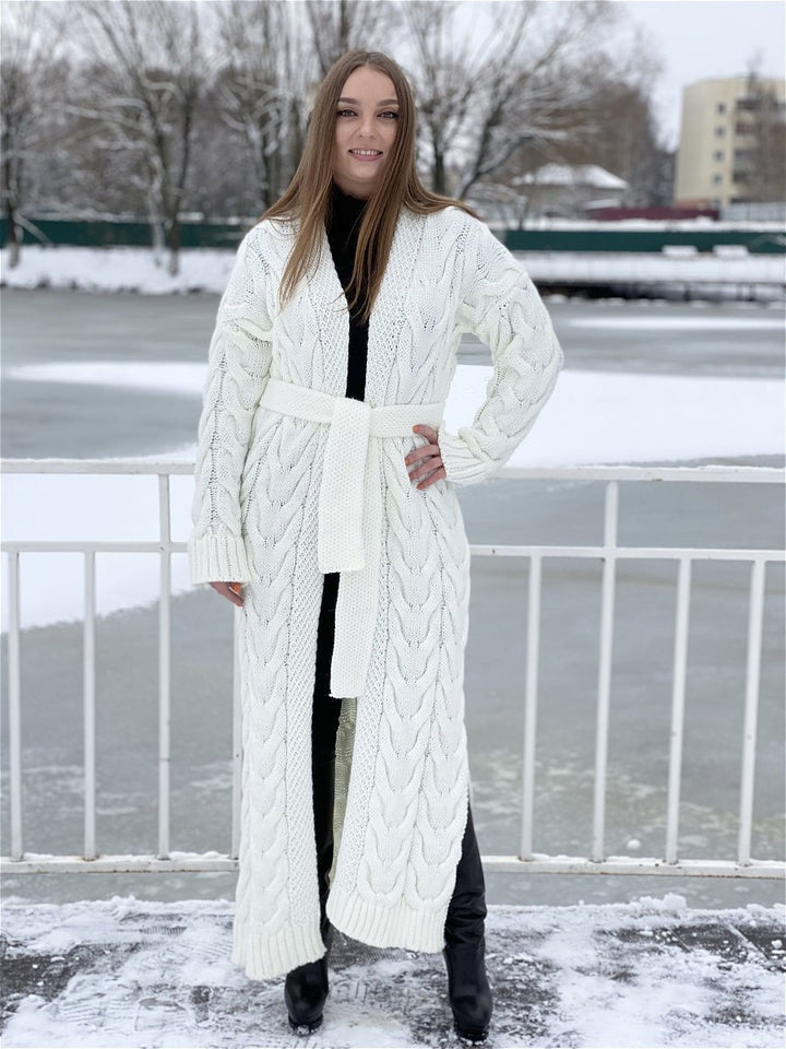 Damen Grobstrick-Mantel mit markantem Zopfdesign und offenem Schnitt Drune
