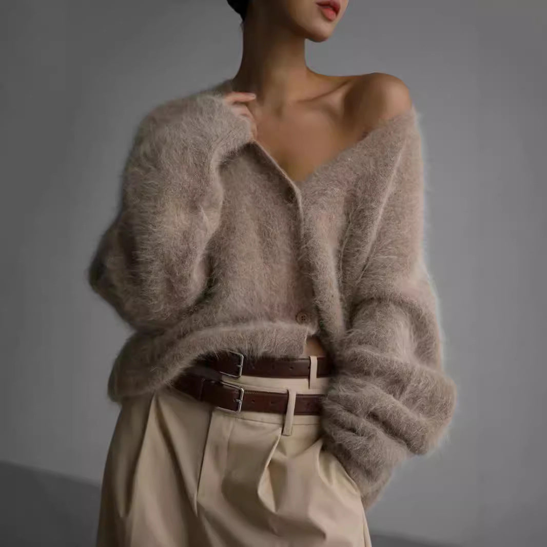 Damen gemütlicher Strickcardigan mit weichem Flauschmaterial und modischem Knopfdetail Drune