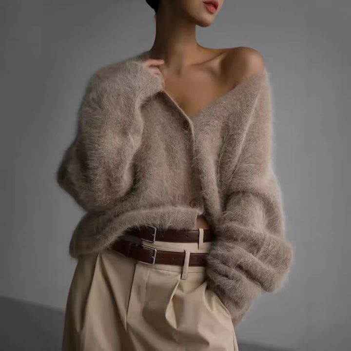 Damen gemütlicher Strickcardigan mit weichem Flauschmaterial und modischem Knopfdetail Drune