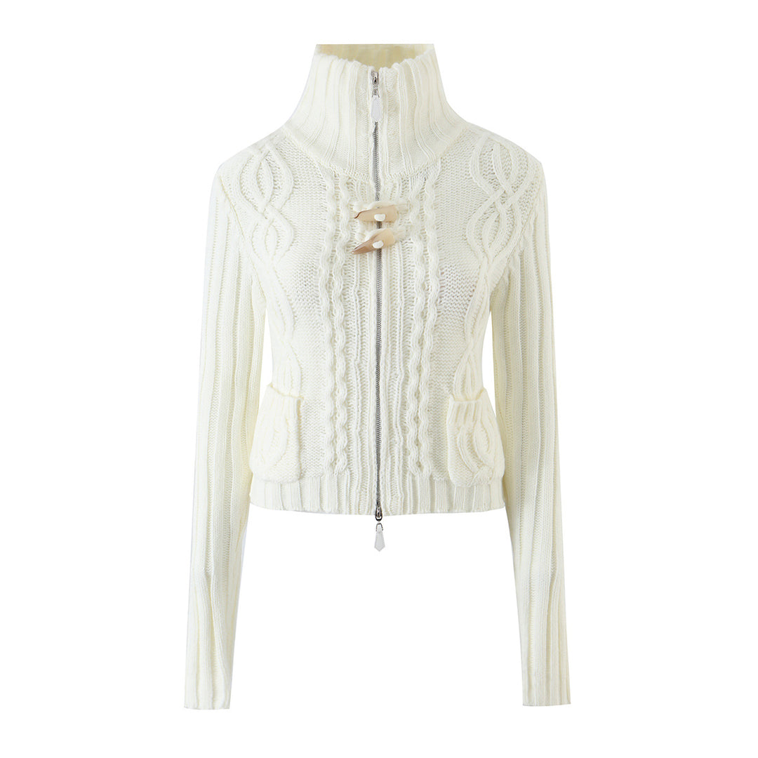 Damen Kurze Strickjacke mit Stehkragen, Zopfmuster, Holzknopf‑Toggles und Taschen Drune