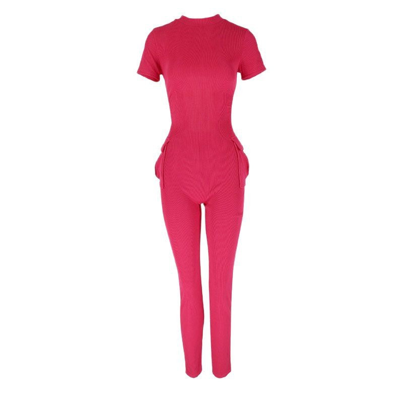 Damen figurbetontes Jumpsuit mit hohem Kragen und Seitentaschen Drune