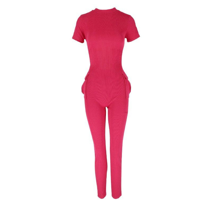 Damen figurbetontes Jumpsuit mit hohem Kragen und Seitentaschen Drune