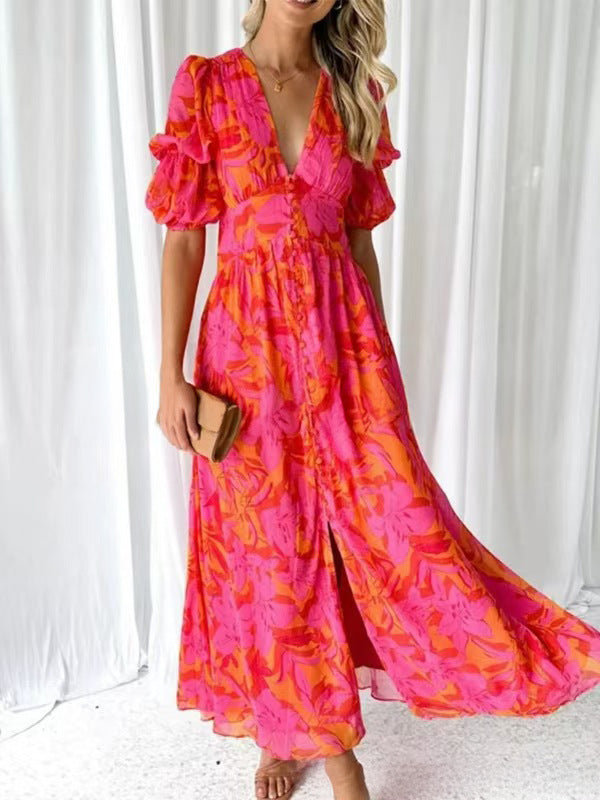 Damen Maxikleid mit floralem Design, tiefem V-Ausschnitt und seitlichem Schlitz Drune