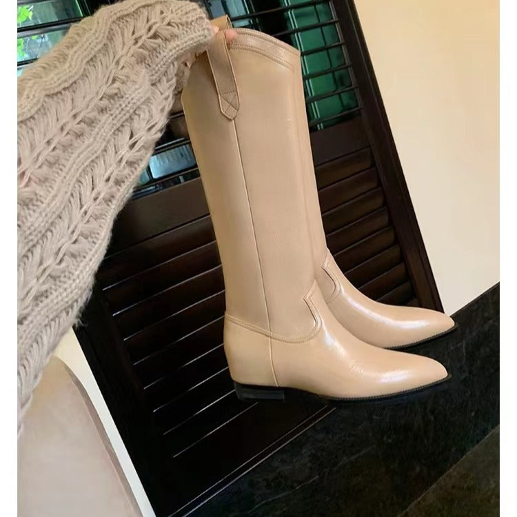 Damen Kniehohe Western‑Stiefel aus Glattleder mit spitzer Kappe und niedrigem Blockabsatz Drune