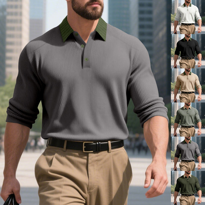 Herren elegantes Langarm-Polohemd mit strukturiertem Design und modischem Kragen Drune